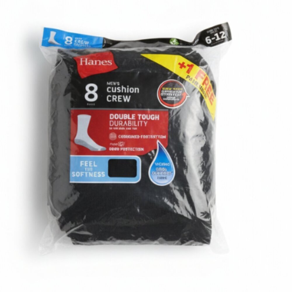 Men's Hanes 8 Pack Crew Socks With FreshIQ Advance Odor Protection Black 6-12